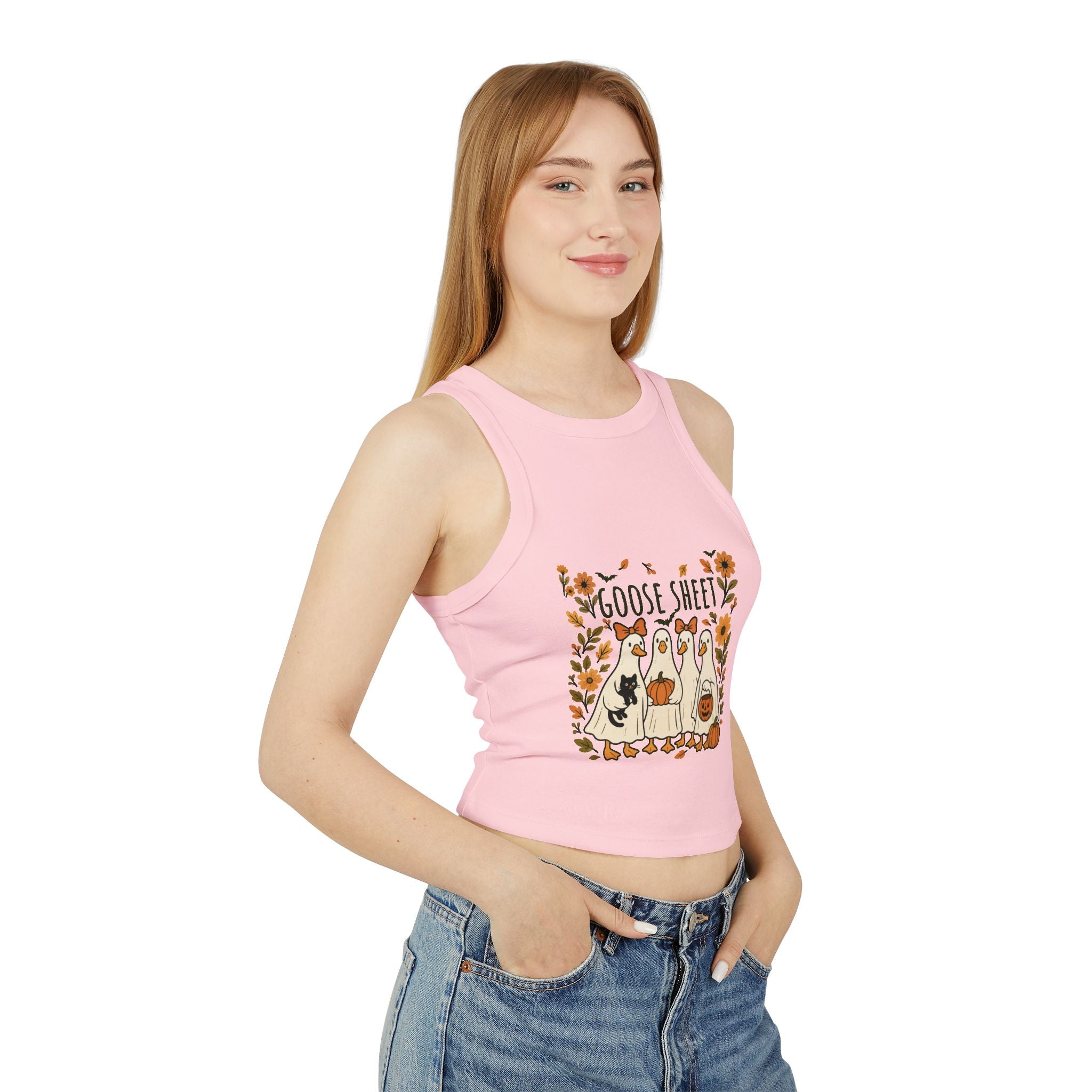 Goose Sheet Halloween Racer Tank Top, Cute Fall Apparel, Women's Halloween Shirt, Cozy Autumn Wear, Fun Goose Graphic Top