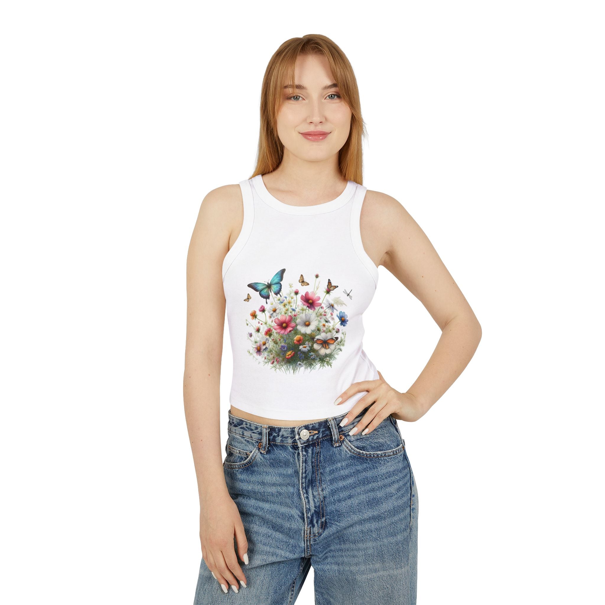 Floral Butterfly Racer Tank Top, Summer Crop Top, Women's Workout Shirt, Nature-Inspired Apparel, Spring Fashion Essential