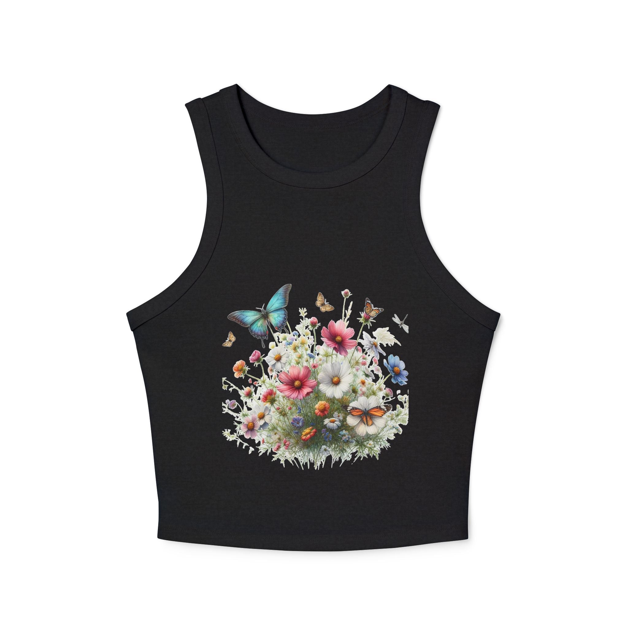 Floral Butterfly Racer Tank Top, Summer Crop Top, Women's Workout Shirt, Nature-Inspired Apparel, Spring Fashion Essential