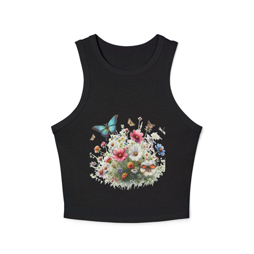 Floral Butterfly Racer Tank Top, Summer Crop Top, Women's Workout Shirt, Nature-Inspired Apparel, Spring Fashion Essential