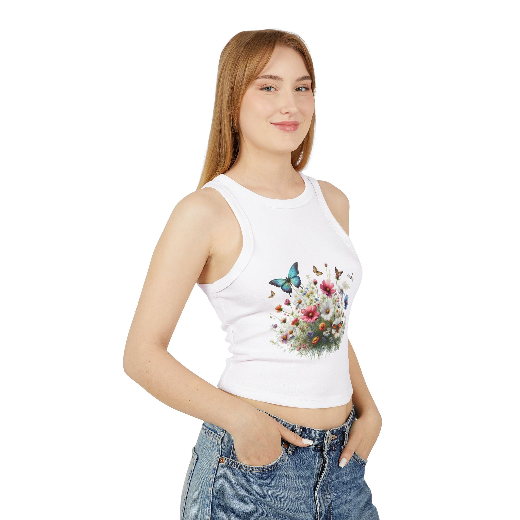 Floral Butterfly Racer Tank Top, Summer Crop Top, Women's Workout Shirt, Nature-Inspired Apparel, Spring Fashion Essential