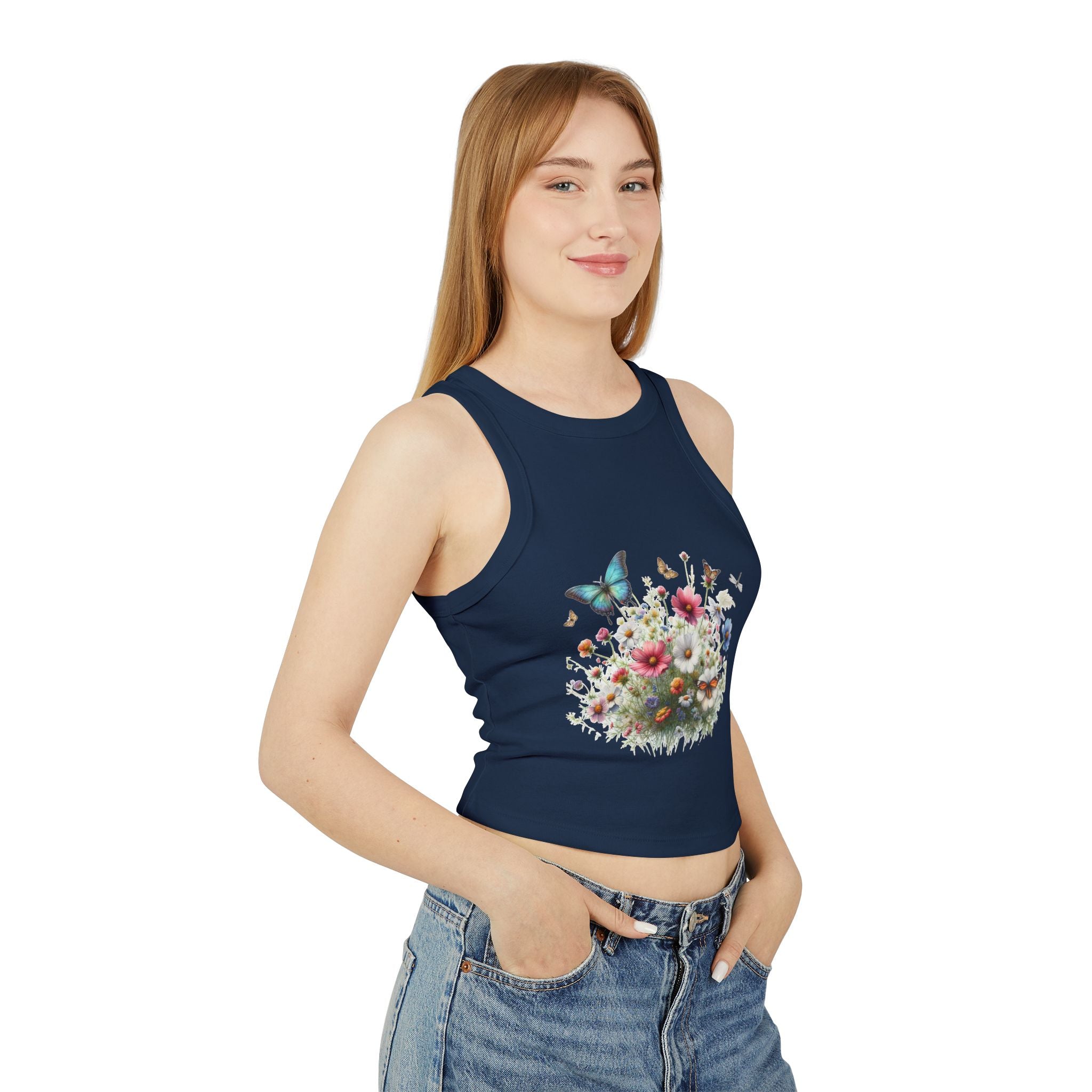 Floral Butterfly Racer Tank Top, Summer Crop Top, Women's Workout Shirt, Nature-Inspired Apparel, Spring Fashion Essential