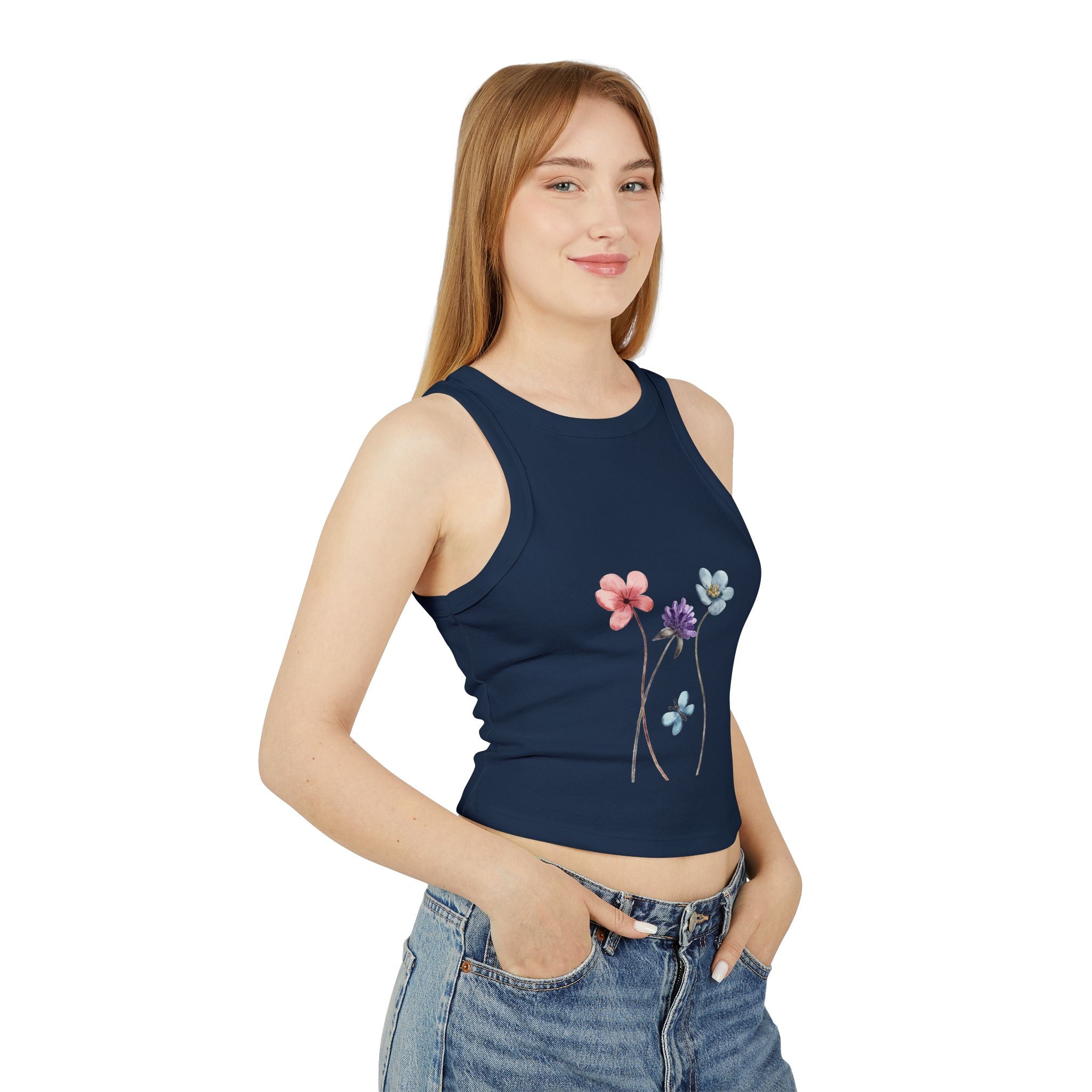 Floral Women's Micro Rib Racer Tank Top, Summer Top, Casual Wear, Beach Outfit, Graphic Tank, Floral Print Clothing