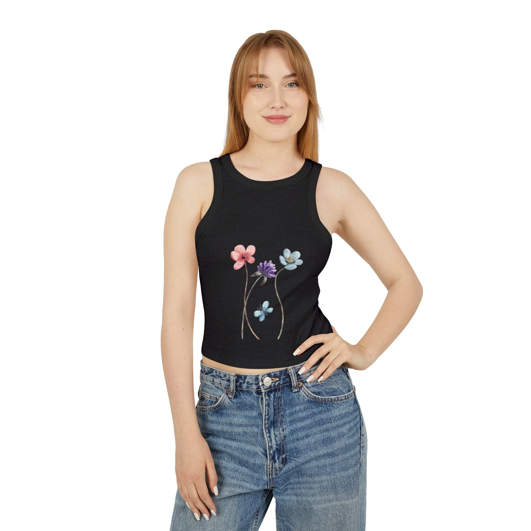 Floral Women's Micro Rib Racer Tank Top, Summer Top, Casual Wear, Beach Outfit, Graphic Tank, Floral Print Clothing