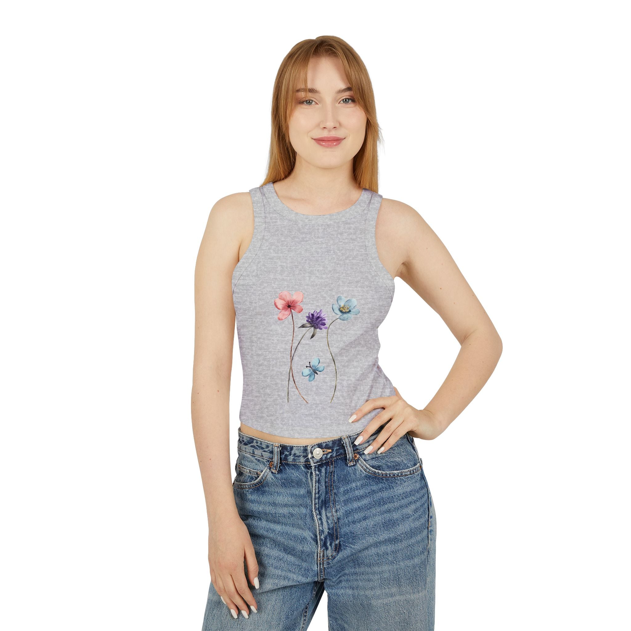 Floral Women's Micro Rib Racer Tank Top, Summer Top, Casual Wear, Beach Outfit, Graphic Tank, Floral Print Clothing