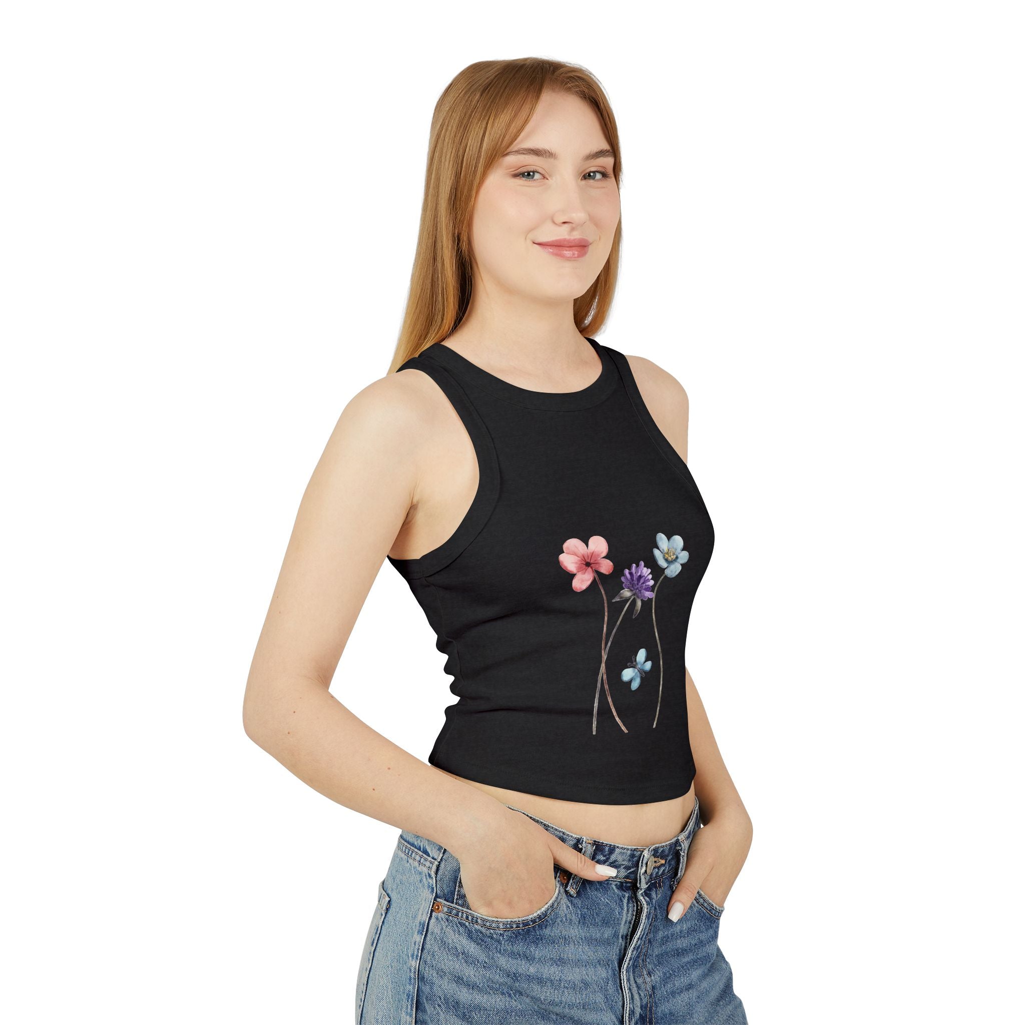 Floral Women's Micro Rib Racer Tank Top, Summer Top, Casual Wear, Beach Outfit, Graphic Tank, Floral Print Clothing