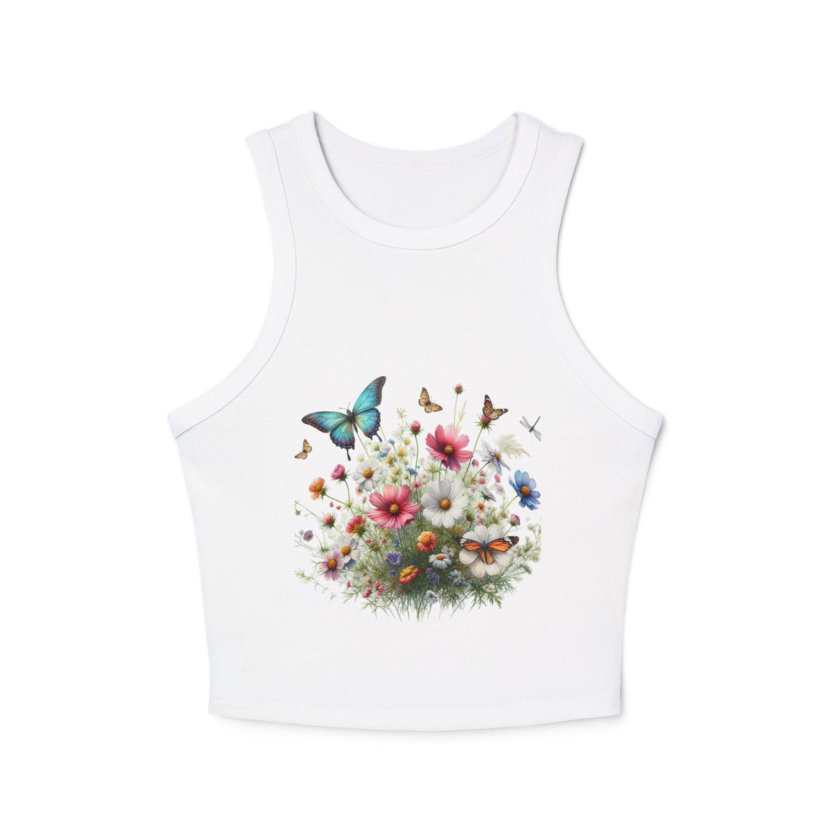 Floral Butterfly Racer Tank Top, Summer Crop Top, Women's Workout Shirt, Nature-Inspired Apparel, Spring Fashion Essential