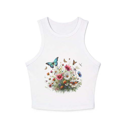 Floral Butterfly Racer Tank Top, Summer Crop Top, Women's Workout Shirt, Nature-Inspired Apparel, Spring Fashion Essential