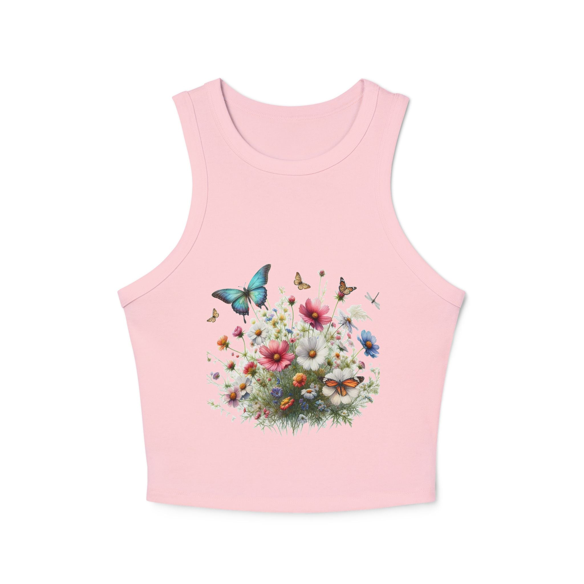 Floral Butterfly Racer Tank Top, Summer Crop Top, Women's Workout Shirt, Nature-Inspired Apparel, Spring Fashion Essential
