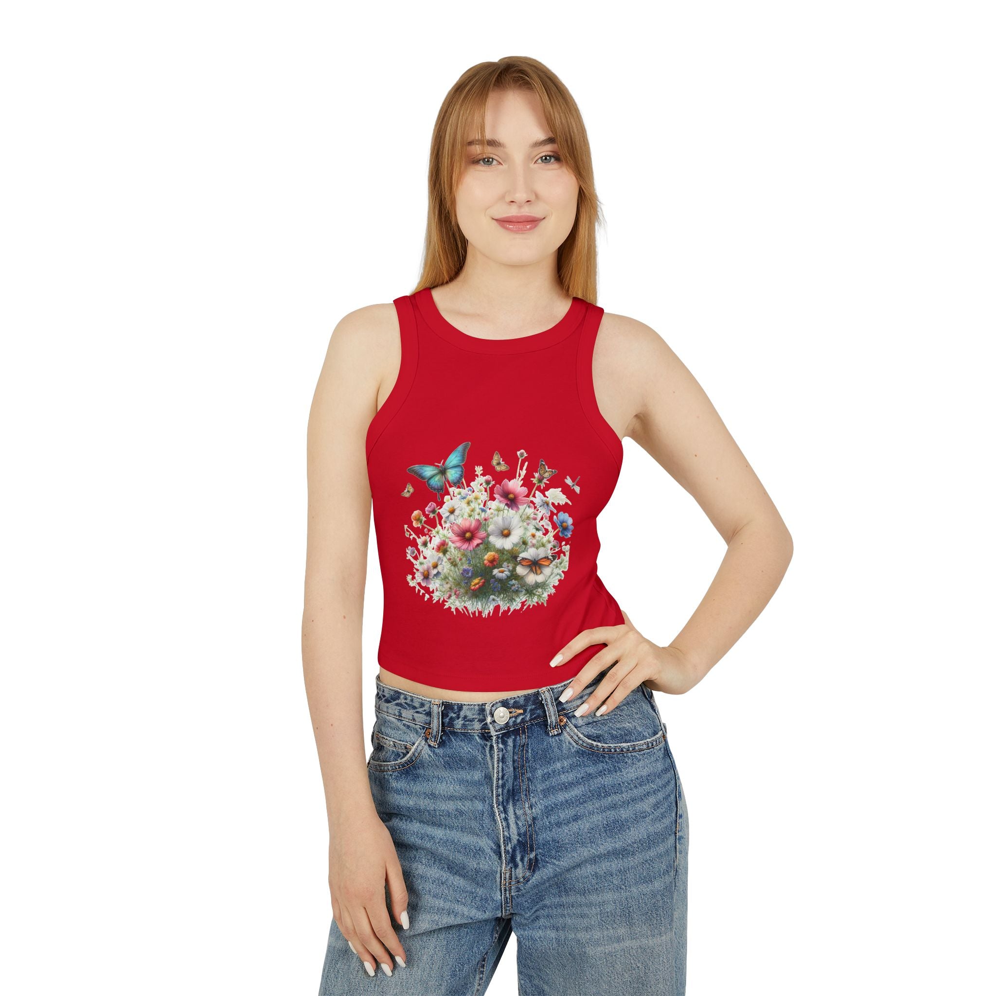 Floral Butterfly Racer Tank Top, Summer Crop Top, Women's Workout Shirt, Nature-Inspired Apparel, Spring Fashion Essential