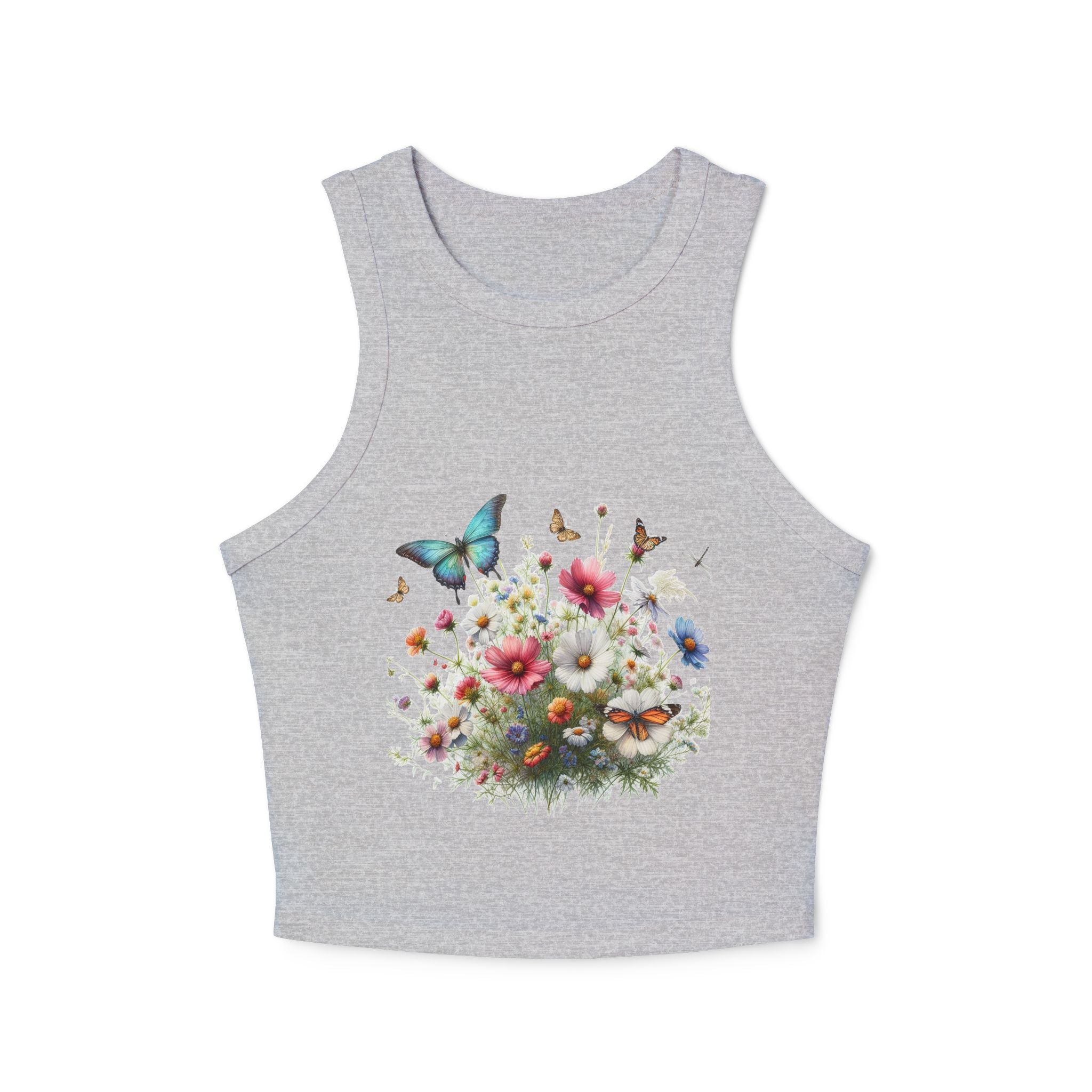 Floral Butterfly Racer Tank Top, Summer Crop Top, Women's Workout Shirt, Nature-Inspired Apparel, Spring Fashion Essential