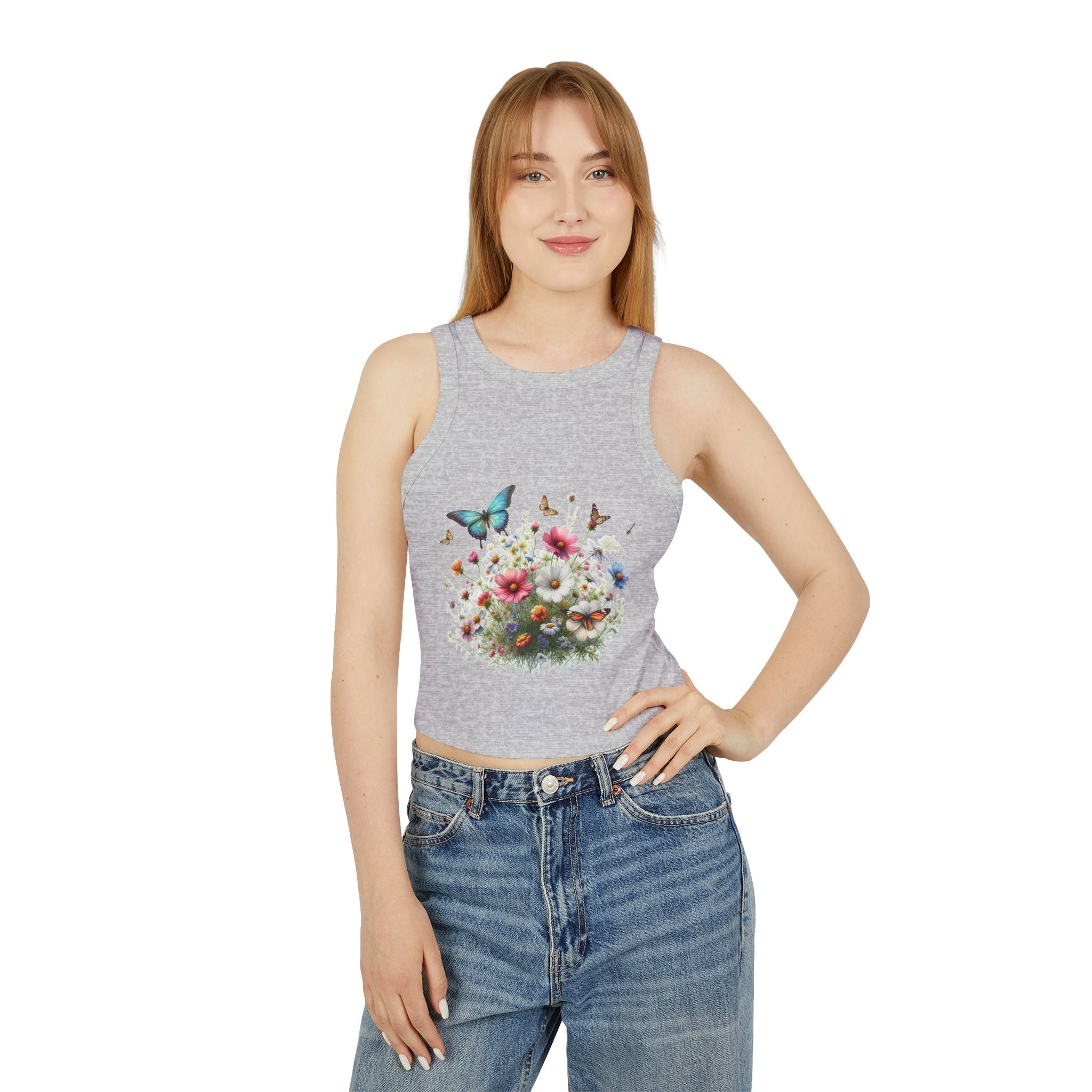 Floral Butterfly Racer Tank Top, Summer Crop Top, Women's Workout Shirt, Nature-Inspired Apparel, Spring Fashion Essential