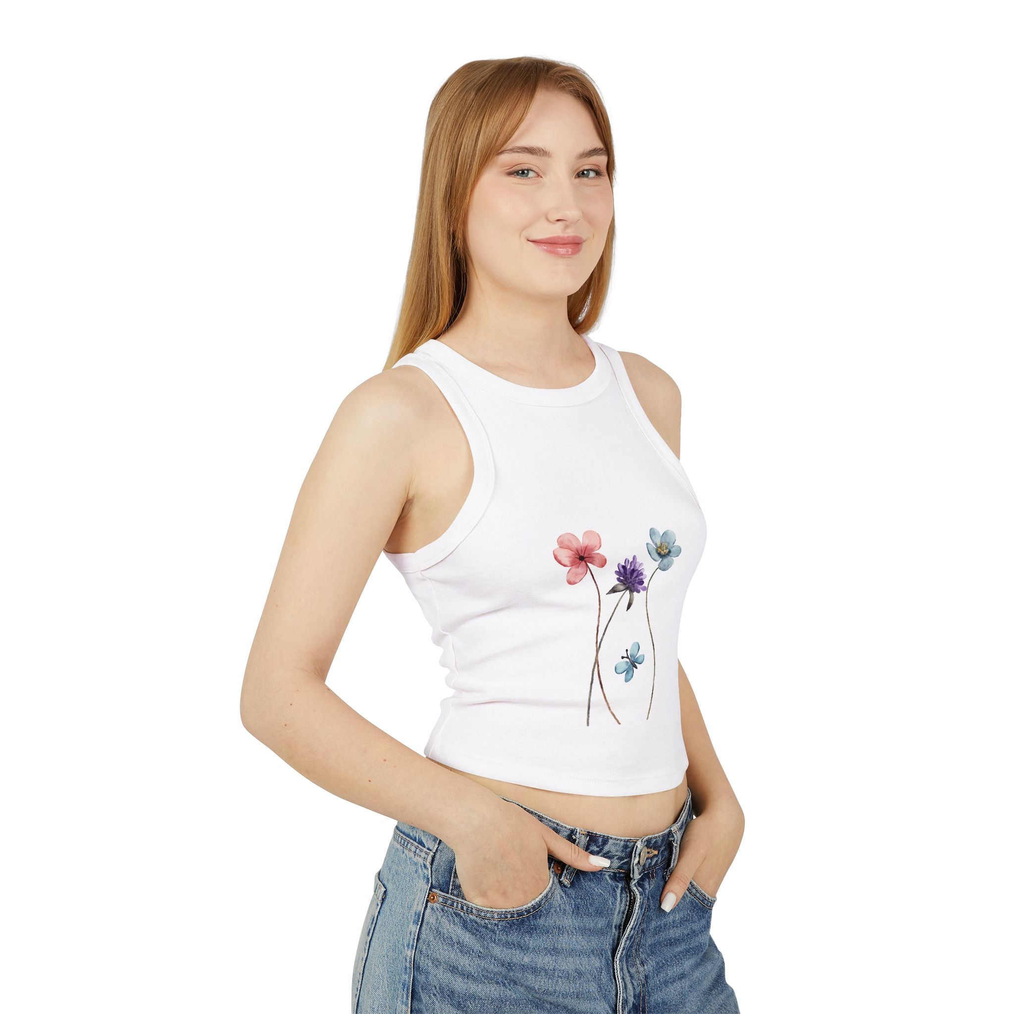 Floral Women's Micro Rib Racer Tank Top, Summer Top, Casual Wear, Beach Outfit, Graphic Tank, Floral Print Clothing