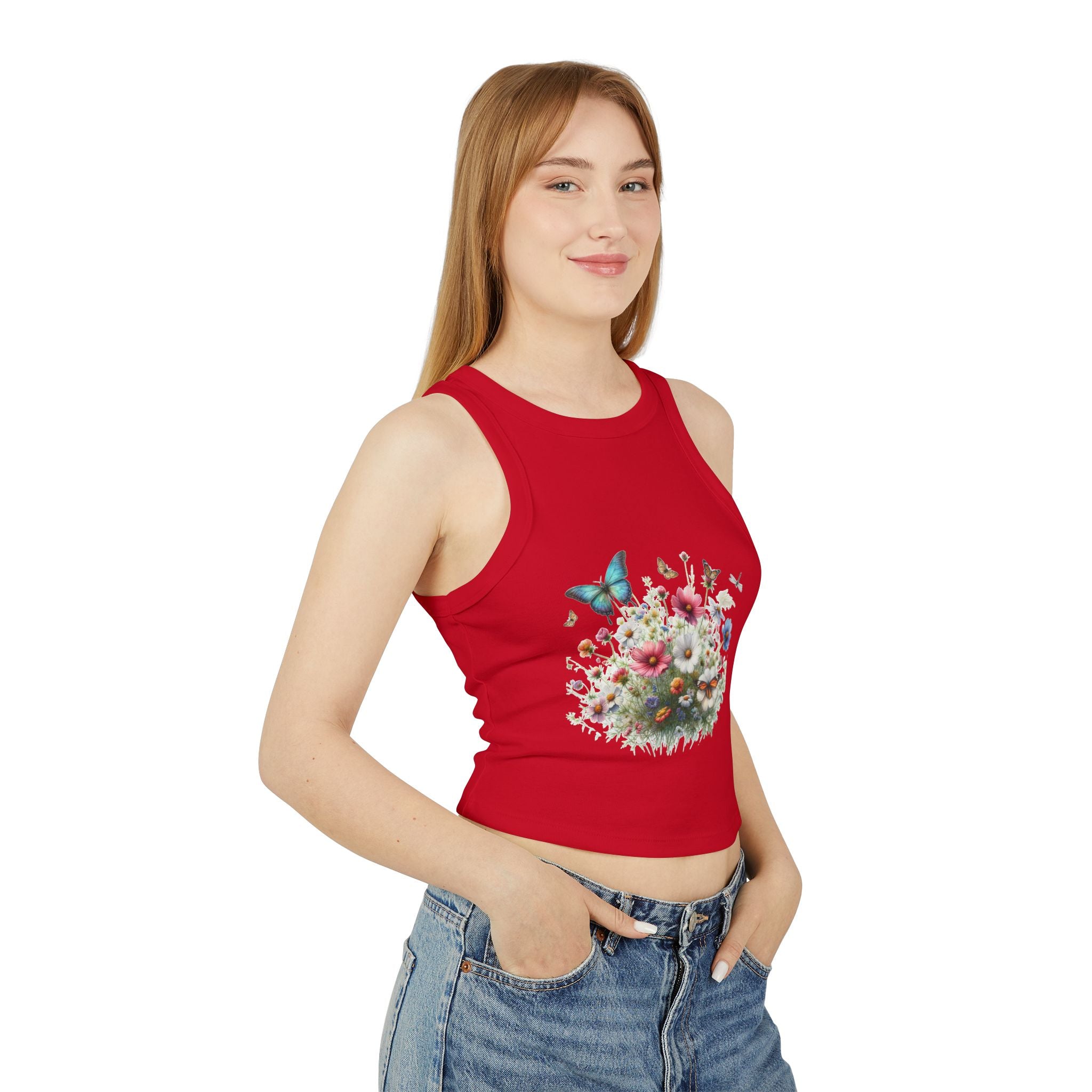 Floral Butterfly Racer Tank Top, Summer Crop Top, Women's Workout Shirt, Nature-Inspired Apparel, Spring Fashion Essential