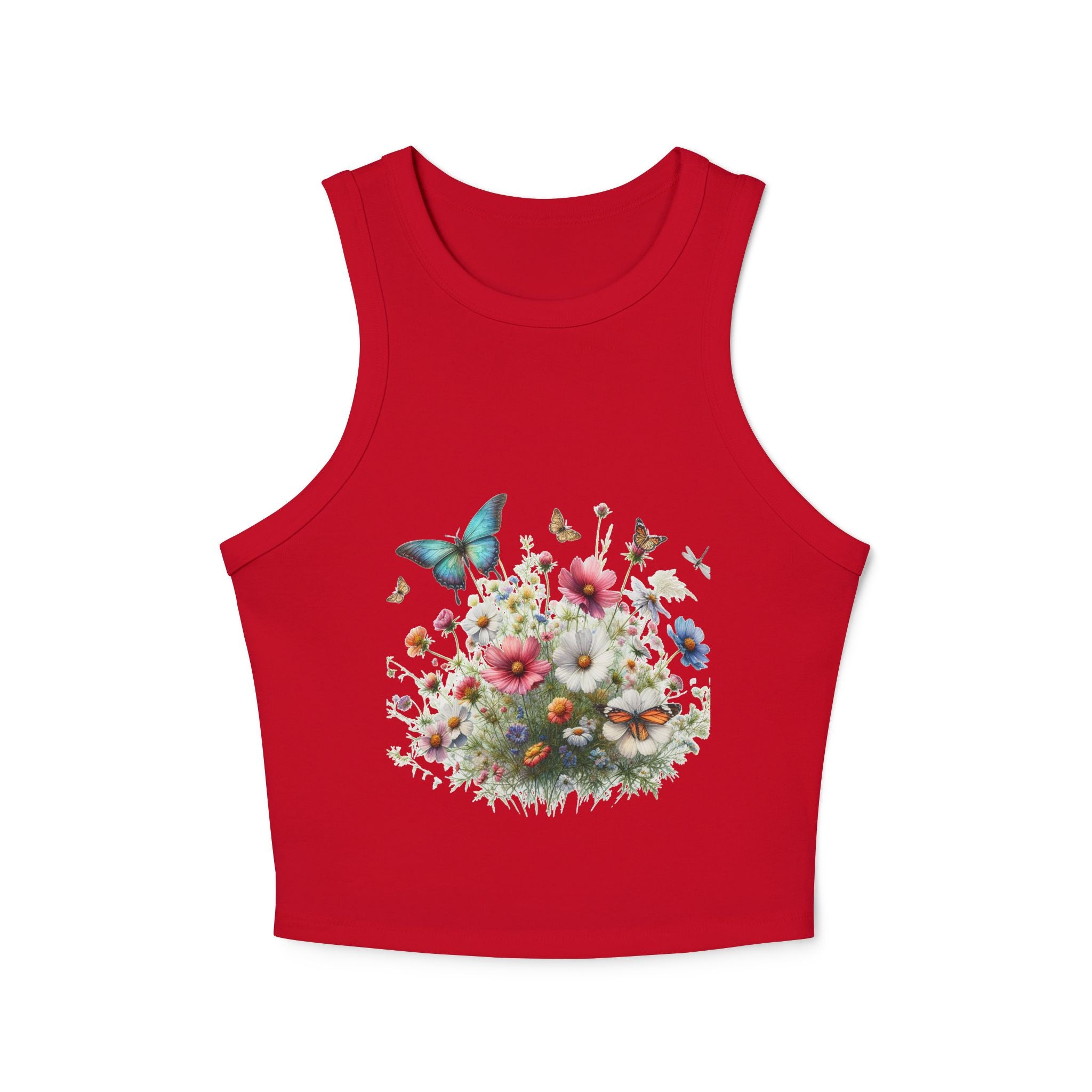 Floral Butterfly Racer Tank Top, Summer Crop Top, Women's Workout Shirt, Nature-Inspired Apparel, Spring Fashion Essential