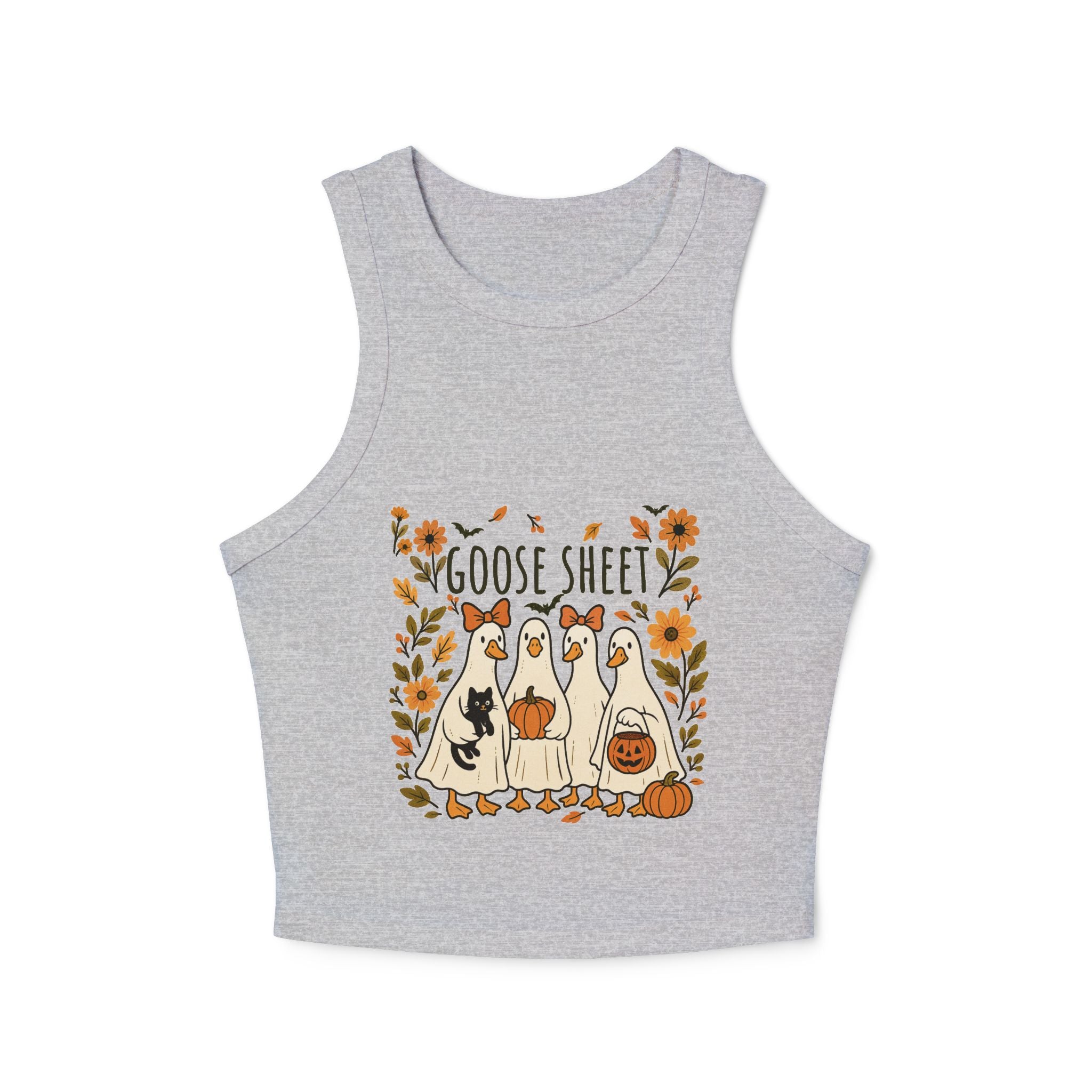 Goose Sheet Halloween Racer Tank Top, Cute Fall Apparel, Women's Halloween Shirt, Cozy Autumn Wear, Fun Goose Graphic Top
