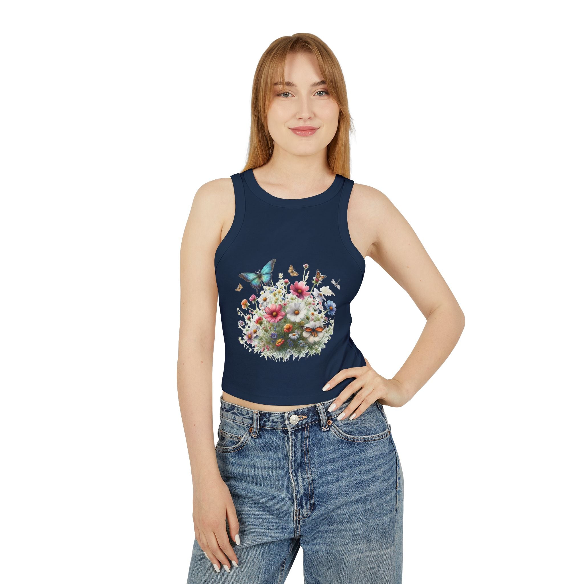 Floral Butterfly Racer Tank Top, Summer Crop Top, Women's Workout Shirt, Nature-Inspired Apparel, Spring Fashion Essential
