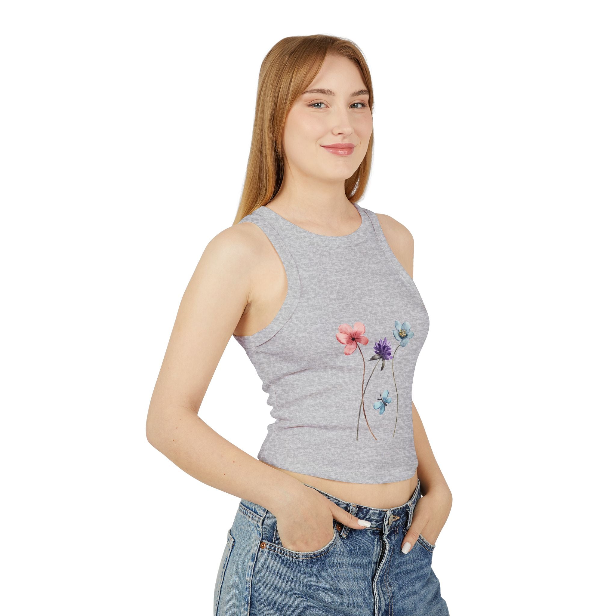 Floral Women's Micro Rib Racer Tank Top, Summer Top, Casual Wear, Beach Outfit, Graphic Tank, Floral Print Clothing