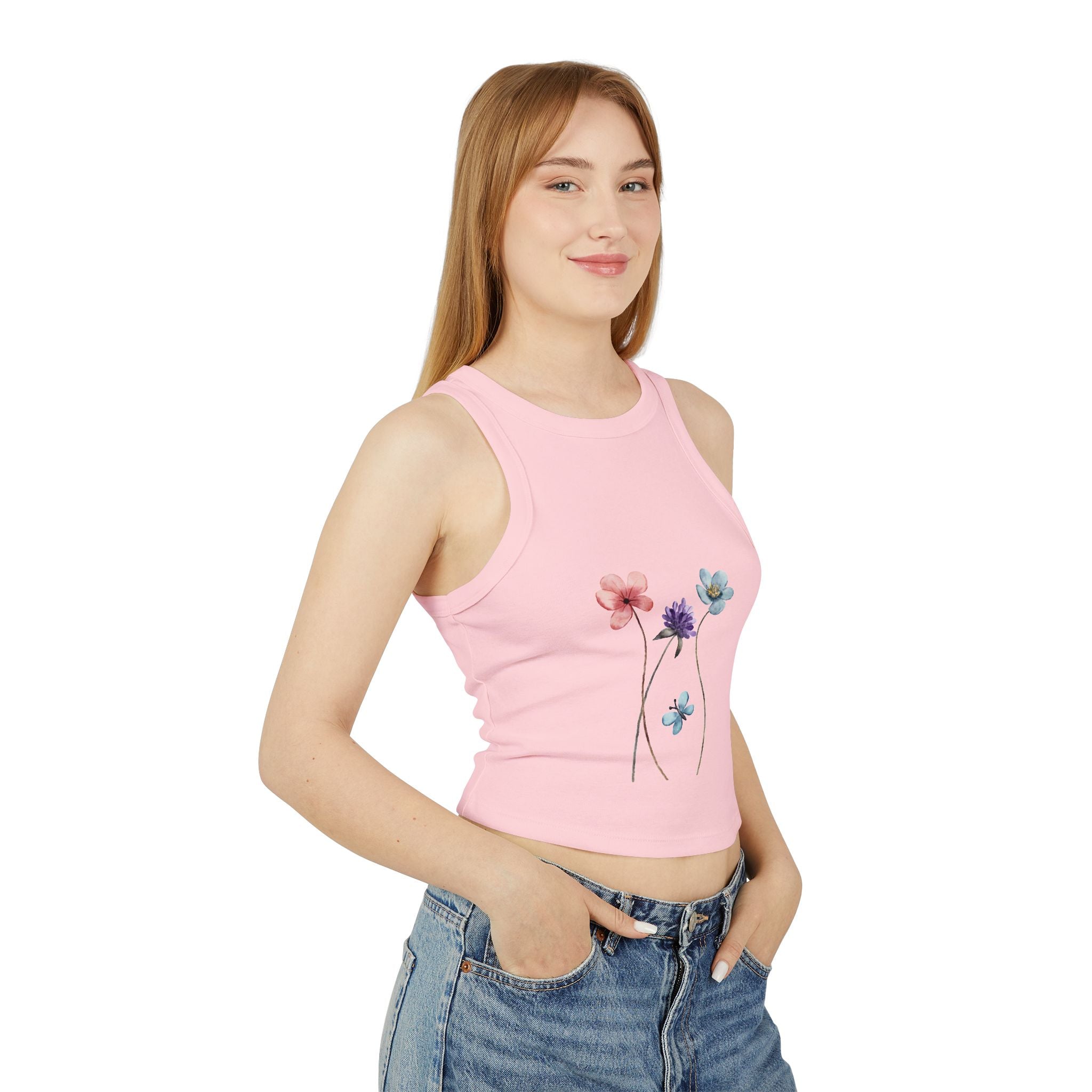 Floral Women's Micro Rib Racer Tank Top, Summer Top, Casual Wear, Beach Outfit, Graphic Tank, Floral Print Clothing
