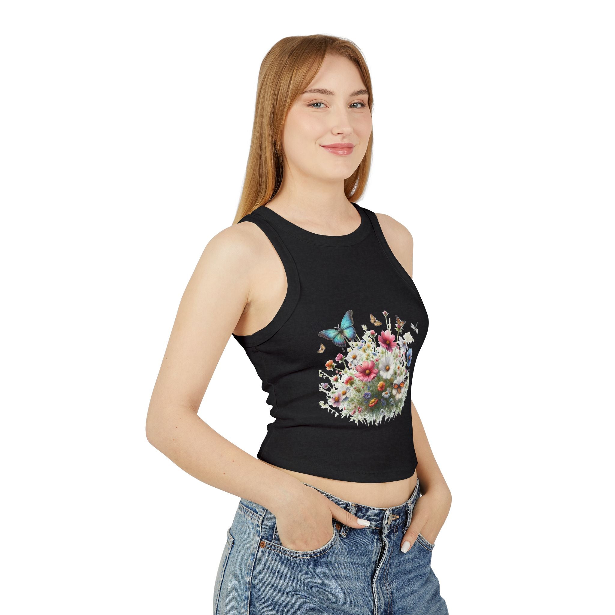 Floral Butterfly Racer Tank Top, Summer Crop Top, Women's Workout Shirt, Nature-Inspired Apparel, Spring Fashion Essential