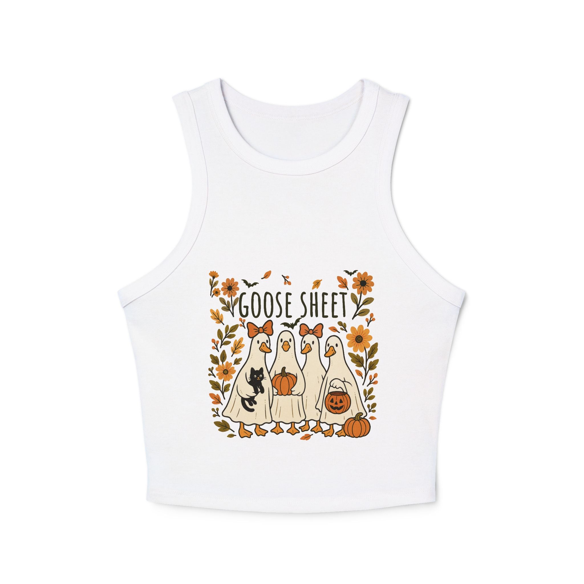 Goose Sheet Halloween Racer Tank Top, Cute Fall Apparel, Women's Halloween Shirt, Cozy Autumn Wear, Fun Goose Graphic Top