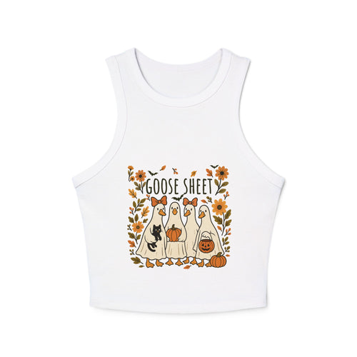 Goose Sheet Halloween Racer Tank Top, Cute Fall Apparel, Women's Halloween Shirt, Cozy Autumn Wear, Fun Goose Graphic Top