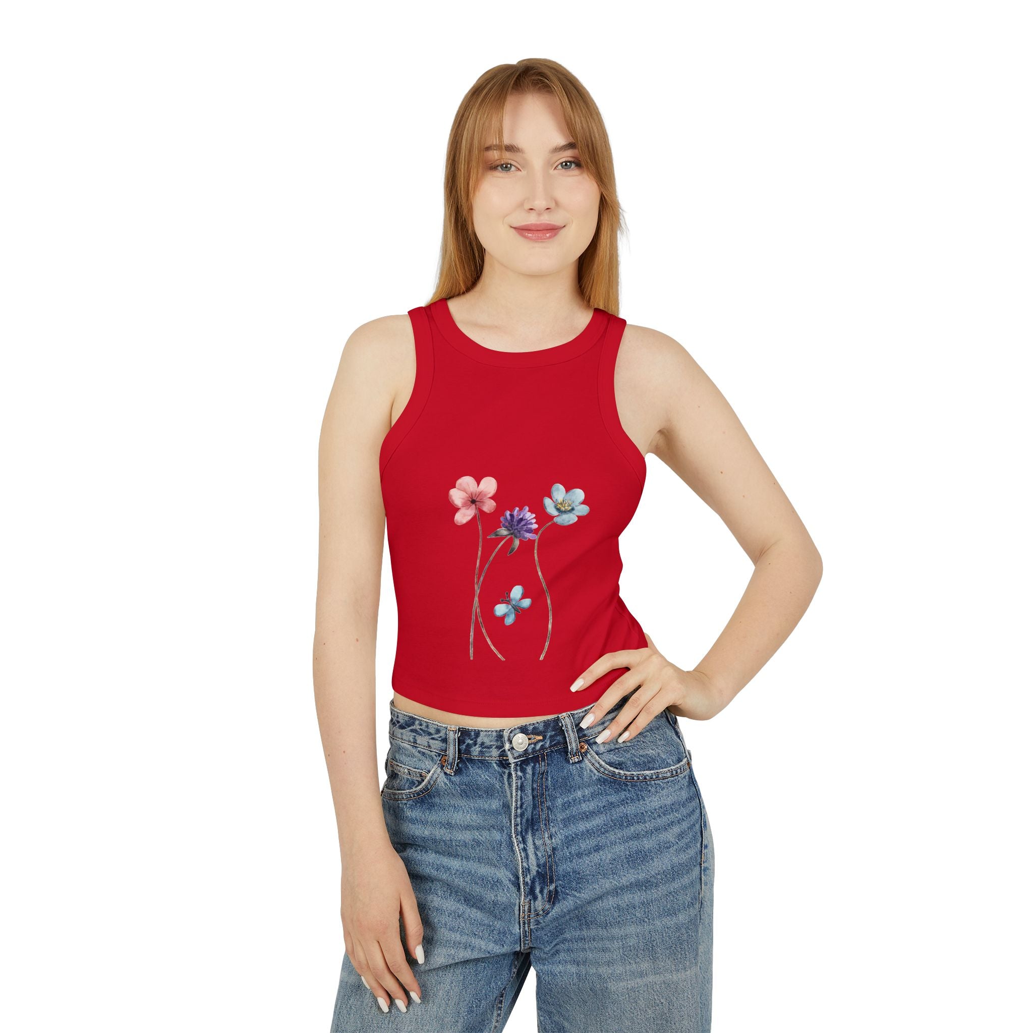 Floral Women's Micro Rib Racer Tank Top, Summer Top, Casual Wear, Beach Outfit, Graphic Tank, Floral Print Clothing