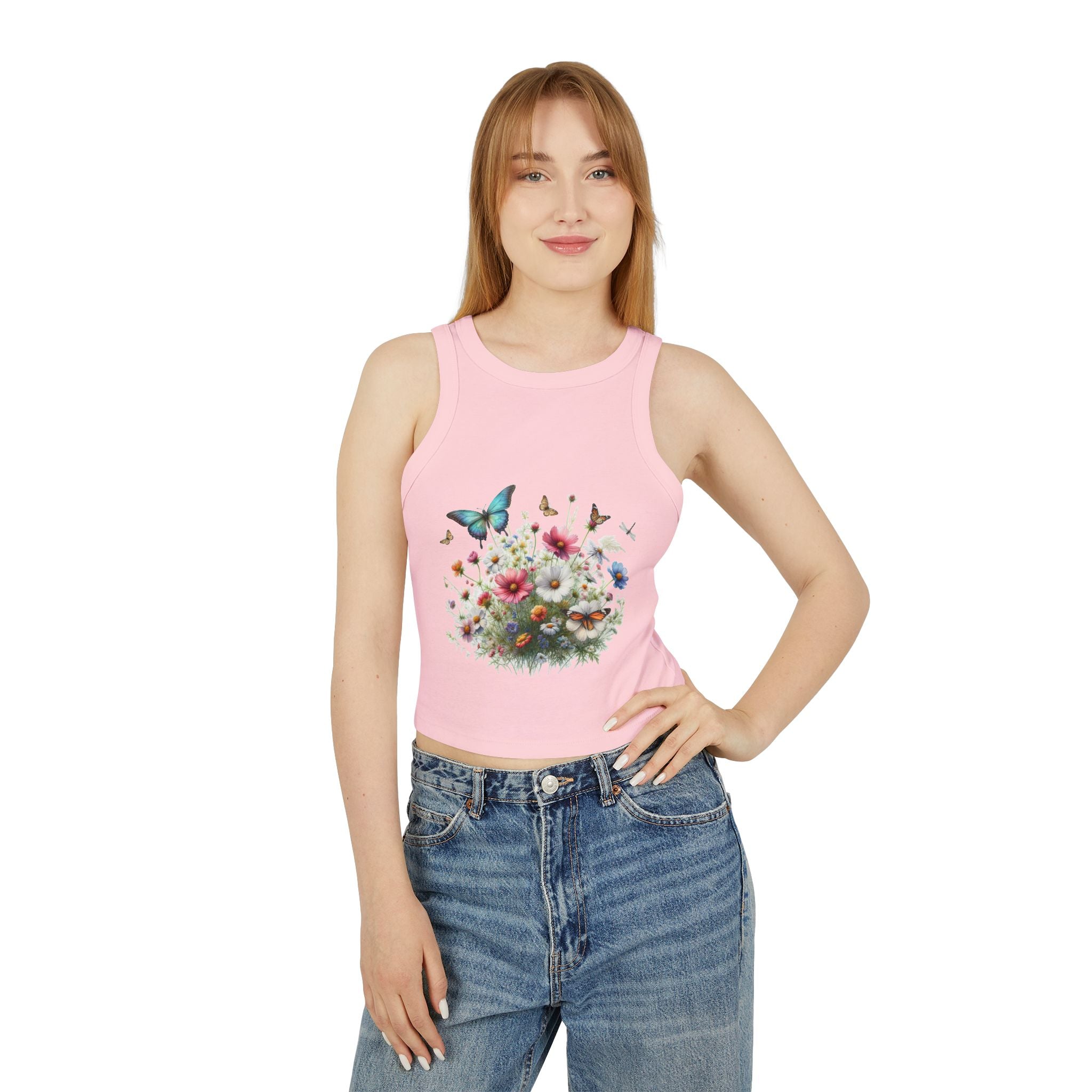 Floral Butterfly Racer Tank Top, Summer Crop Top, Women's Workout Shirt, Nature-Inspired Apparel, Spring Fashion Essential