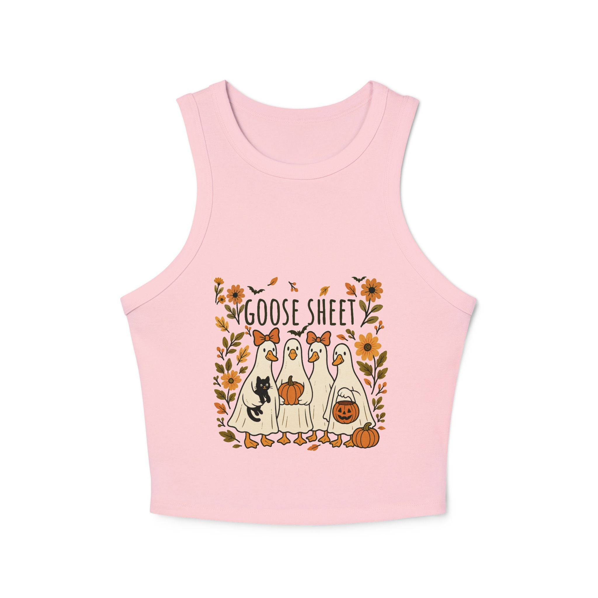 Goose Sheet Halloween Racer Tank Top, Cute Fall Apparel, Women's Halloween Shirt, Cozy Autumn Wear, Fun Goose Graphic Top