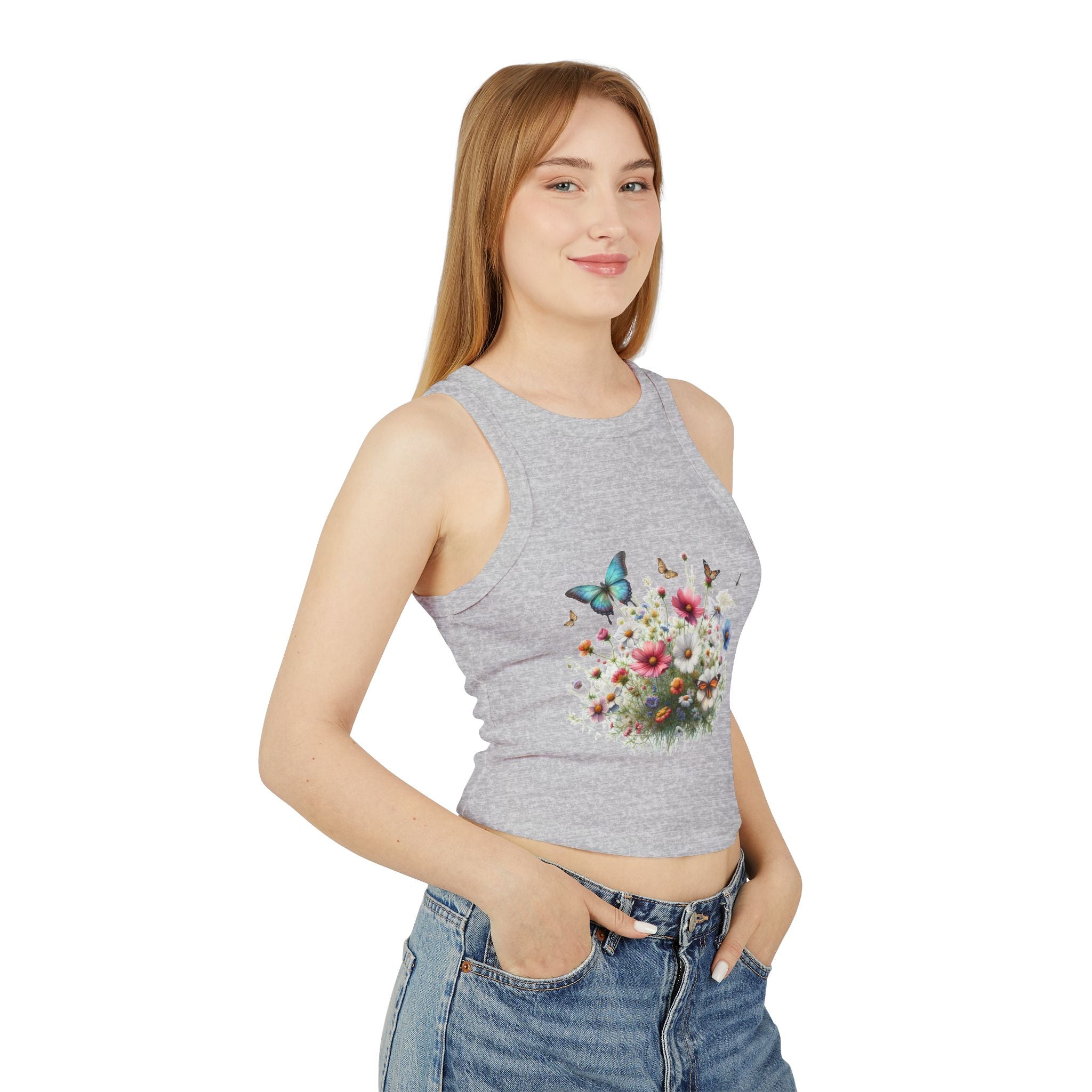 Floral Butterfly Racer Tank Top, Summer Crop Top, Women's Workout Shirt, Nature-Inspired Apparel, Spring Fashion Essential