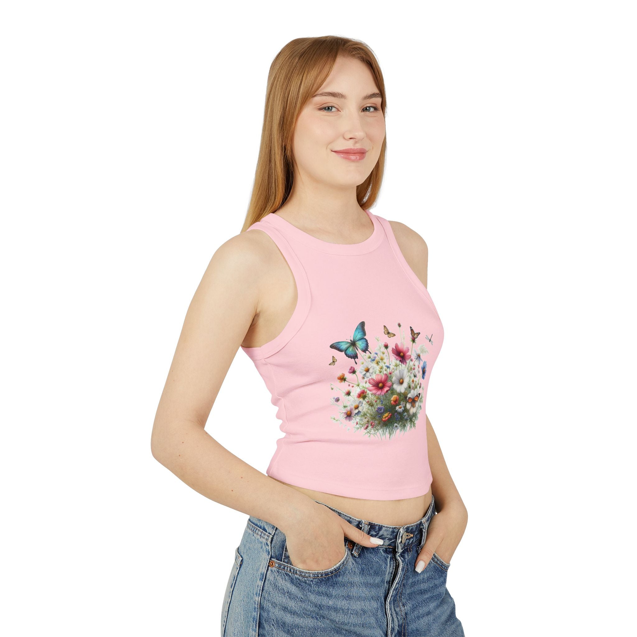 Floral Butterfly Racer Tank Top, Summer Crop Top, Women's Workout Shirt, Nature-Inspired Apparel, Spring Fashion Essential