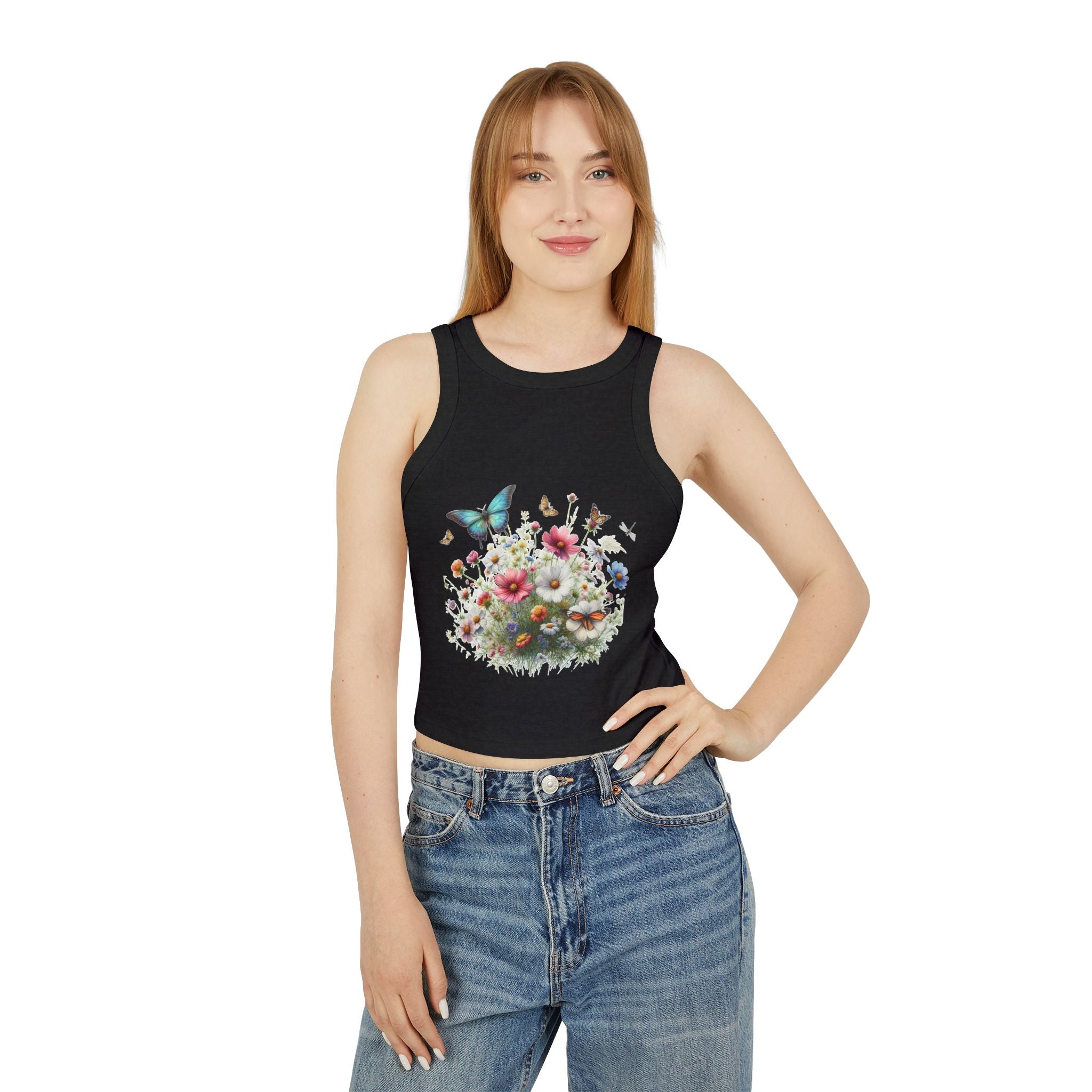 Floral Butterfly Racer Tank Top, Summer Crop Top, Women's Workout Shirt, Nature-Inspired Apparel, Spring Fashion Essential
