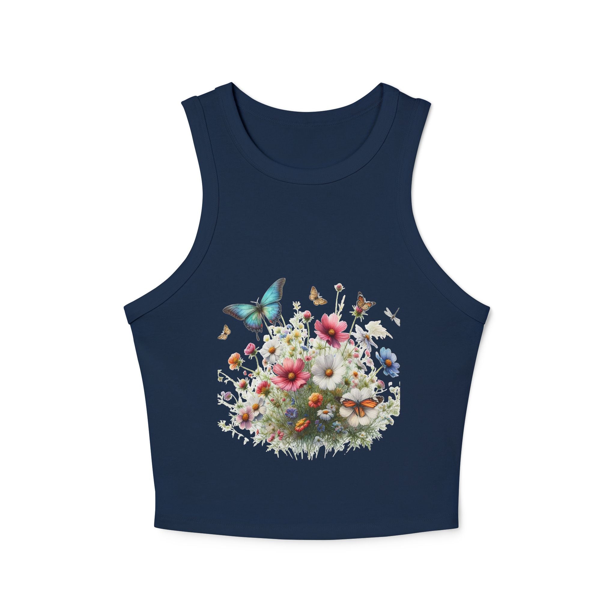 Floral Butterfly Racer Tank Top, Summer Crop Top, Women's Workout Shirt, Nature-Inspired Apparel, Spring Fashion Essential
